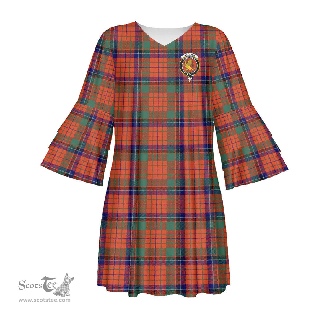 Scottish Nicolson Ancient Clan Tartan Crest Womens Stacked Ruffle Sleeve Tartan Dress