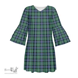Scottish Rose Hunting Ancient Tartan Womens Stacked Ruffle Sleeve Tartan Dress