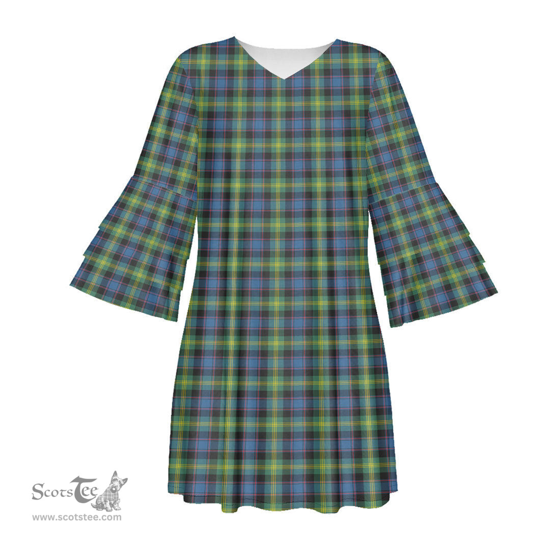 Scottish Watson Ancient Tartan Womens Stacked Ruffle Sleeve Tartan Dress