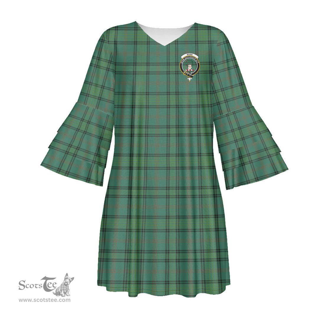 Scottish Ross Hunting Ancient Clan Tartan Crest Womens Stacked Ruffle Sleeve Tartan Dress