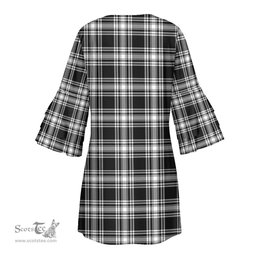 Scottish Menzies Black White Modern Tartan Womens Stacked Ruffle Sleeve Tartan Dress