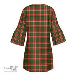 Scottish Pollock Modern Clan Tartan Crest Womens Stacked Ruffle Sleeve Tartan Dress