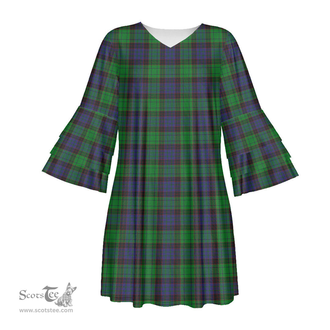 Scottish Stewart Old Modern Tartan Womens Stacked Ruffle Sleeve Tartan Dress
