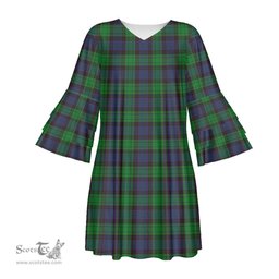 Scottish Stewart Old Modern Tartan Womens Stacked Ruffle Sleeve Tartan Dress