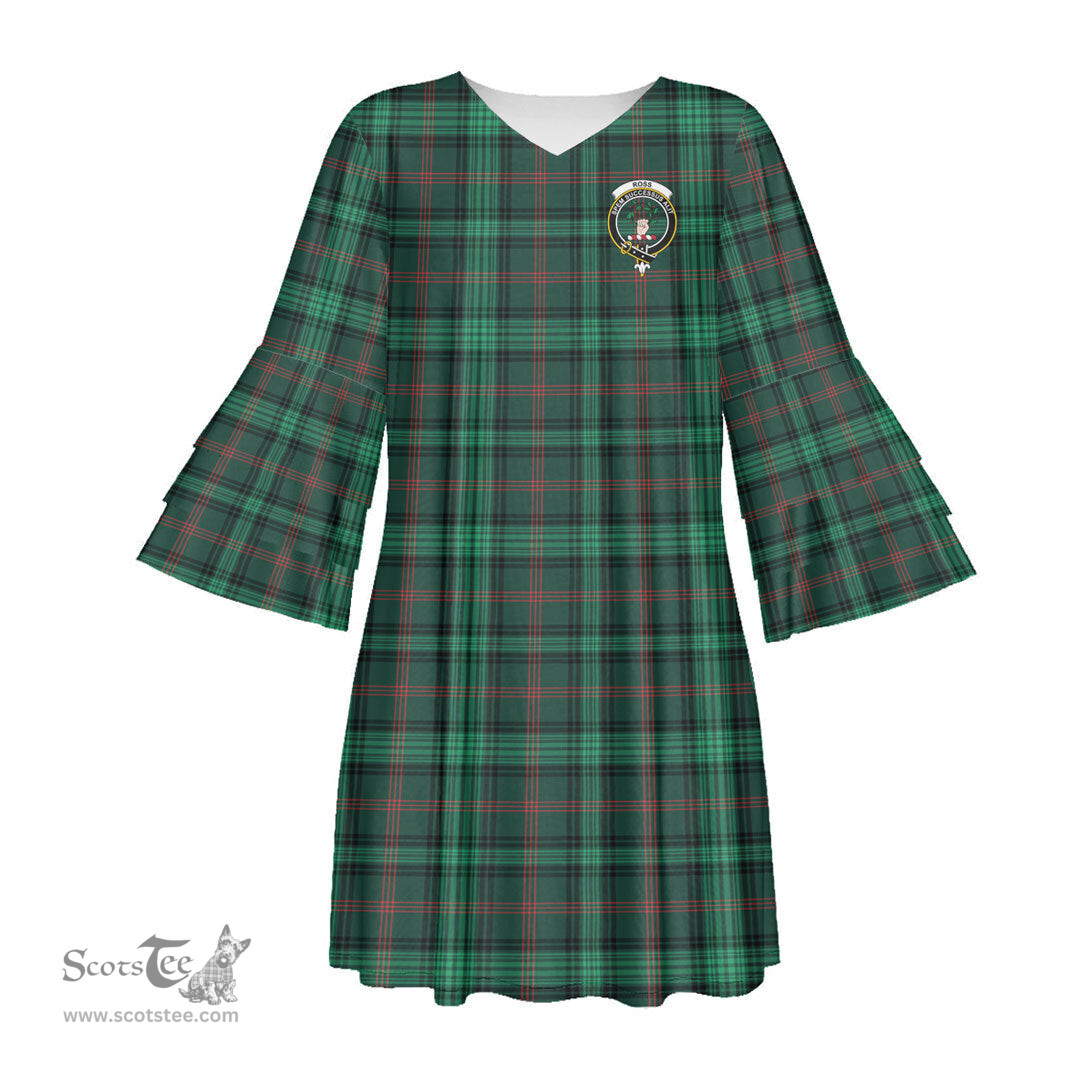 Scottish Ross Hunting Modern Clan Tartan Crest Womens Stacked Ruffle Sleeve Tartan Dress