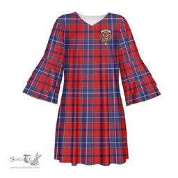 Scottish Wishart Dress Clan Tartan Crest Womens Stacked Ruffle Sleeve Tartan Dress
