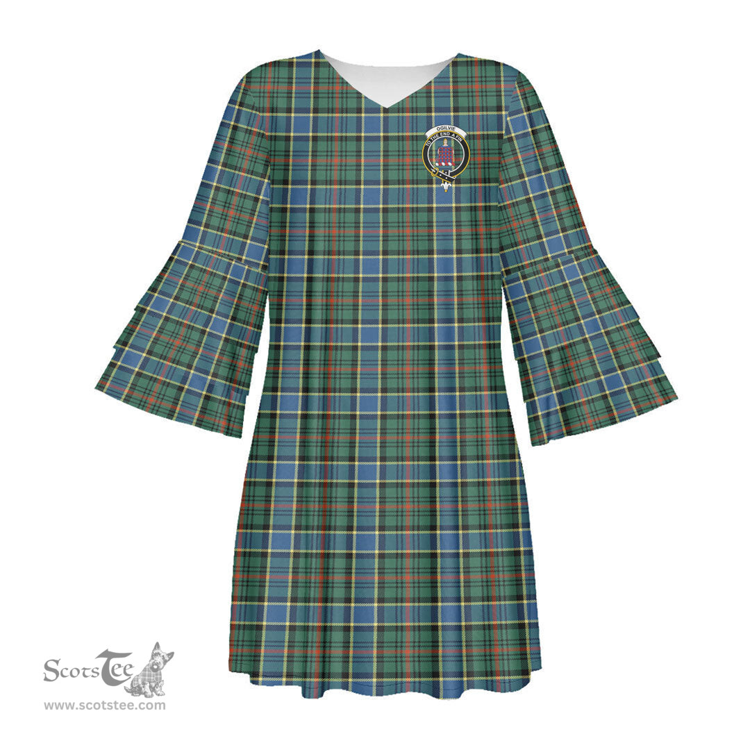 Scottish Ogilvie Hunting Ancient Clan Tartan Crest Womens Stacked Ruffle Sleeve Tartan Dress