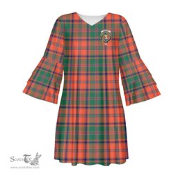 Scottish Stewart of Appin Ancient Clan Tartan Crest Womens Stacked Ruffle Sleeve Tartan Dress