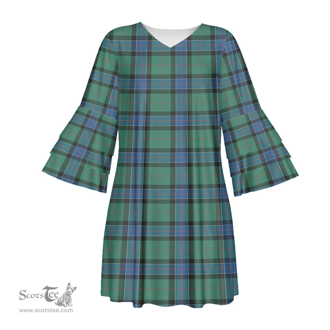 Scottish Sinclair Hunting Ancient Tartan Womens Stacked Ruffle Sleeve Tartan Dress