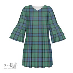 Scottish Sinclair Hunting Ancient Tartan Womens Stacked Ruffle Sleeve Tartan Dress