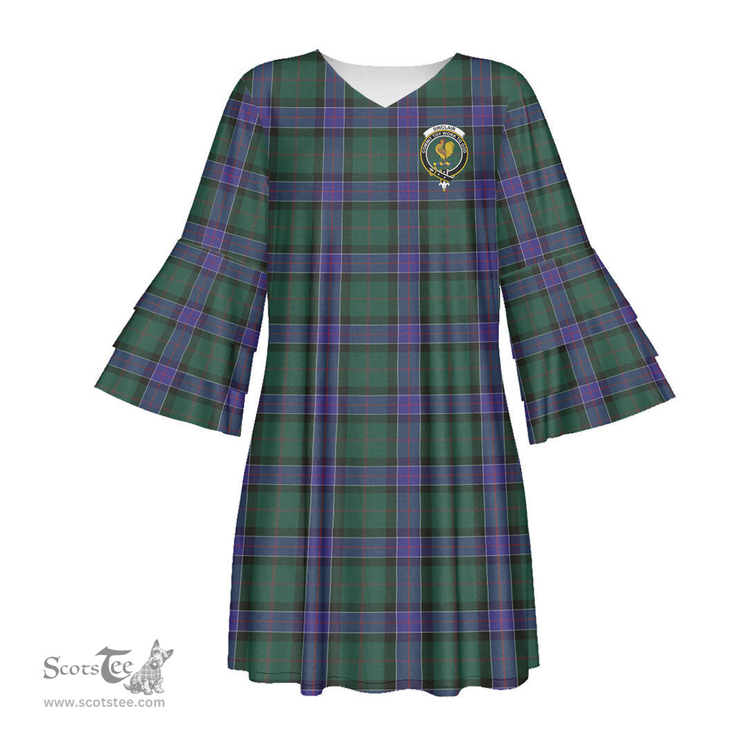 Scottish Sinclair Hunting Modern Clan Tartan Crest Womens Stacked Ruffle Sleeve Tartan Dress