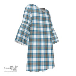 Scottish Stewart Muted Blue Tartan Womens Stacked Ruffle Sleeve Tartan Dress