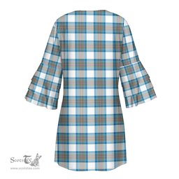 Scottish Stewart Muted Blue Tartan Womens Stacked Ruffle Sleeve Tartan Dress