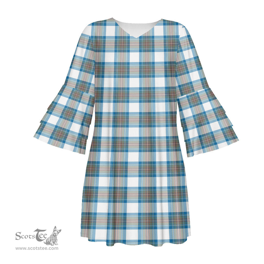 Scottish Stewart Muted Blue Tartan Womens Stacked Ruffle Sleeve Tartan Dress