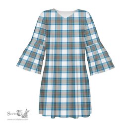 Scottish Stewart Muted Blue Tartan Womens Stacked Ruffle Sleeve Tartan Dress