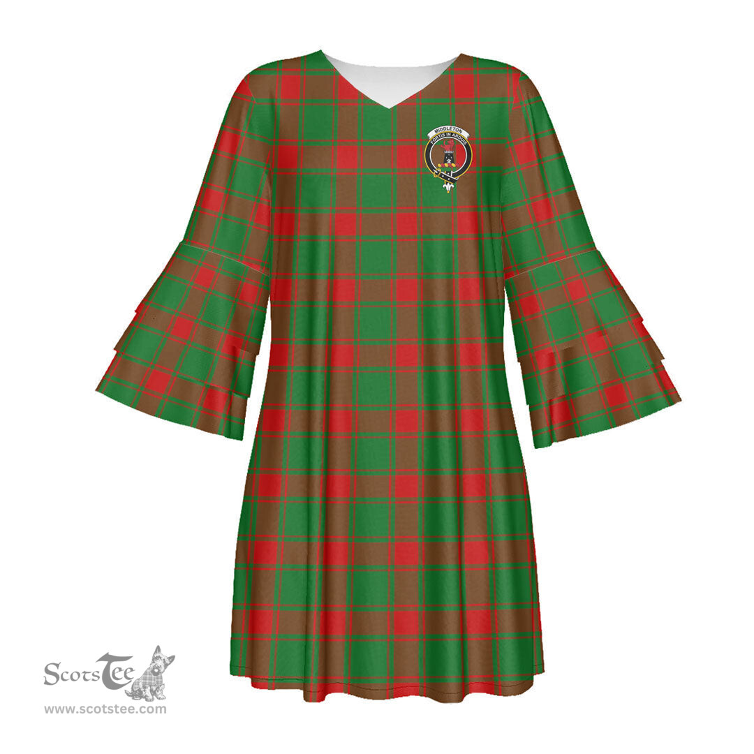Scottish Middleton Modern Clan Tartan Crest Womens Stacked Ruffle Sleeve Tartan Dress