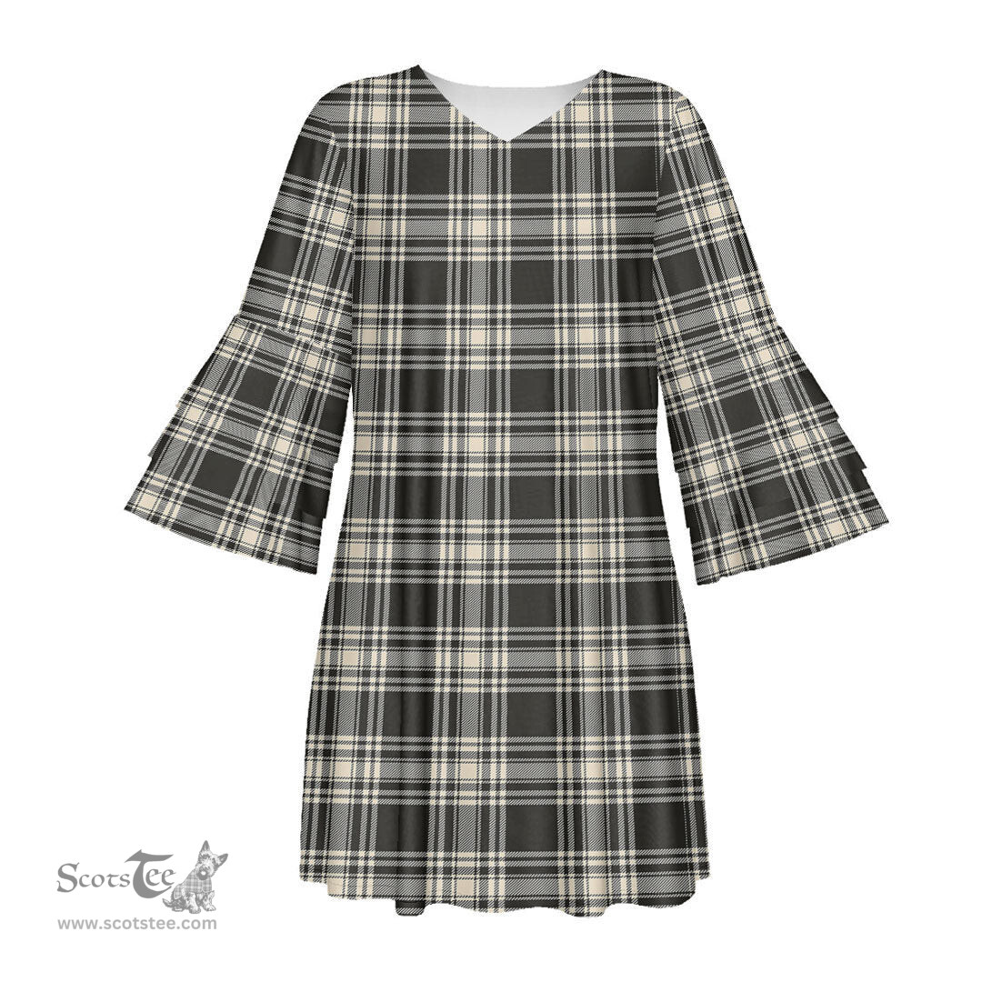 Scottish Menzies Black White Ancient Tartan Womens Stacked Ruffle Sleeve Tartan Dress