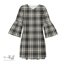 Scottish Menzies Black White Ancient Tartan Womens Stacked Ruffle Sleeve Tartan Dress