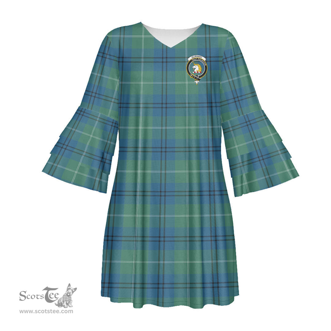 Scottish Oliphant Ancient Clan Tartan Crest Womens Stacked Ruffle Sleeve Tartan Dress