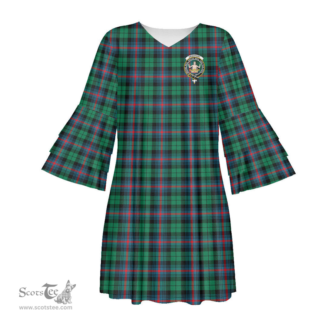 Scottish Urquhart Broad Red Ancient Clan Tartan Crest Womens Stacked Ruffle Sleeve Tartan Dress