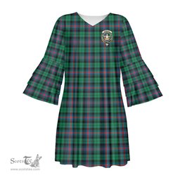 Scottish Urquhart Broad Red Ancient Clan Tartan Crest Womens Stacked Ruffle Sleeve Tartan Dress