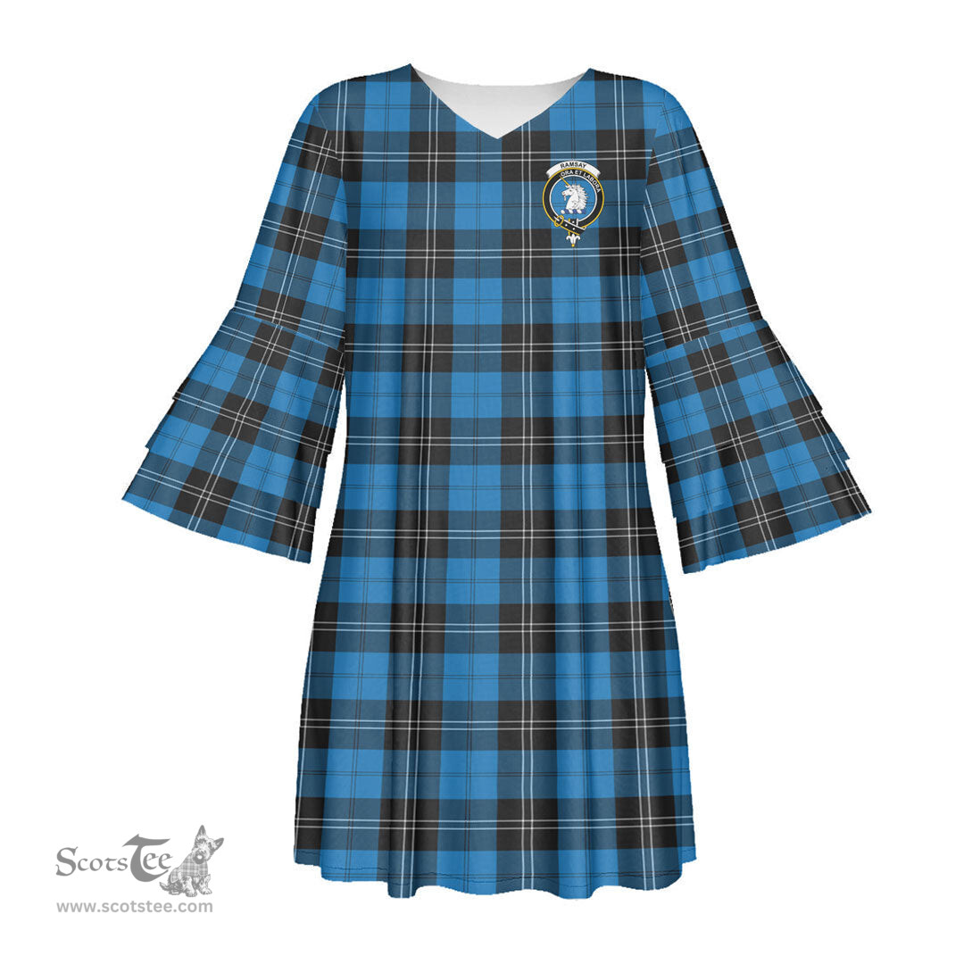 Scottish Ramsay Blue Ancient Clan Tartan Crest Womens Stacked Ruffle Sleeve Tartan Dress