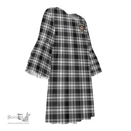 Scottish Menzies Black White Modern Clan Tartan Crest Womens Stacked Ruffle Sleeve Tartan Dress