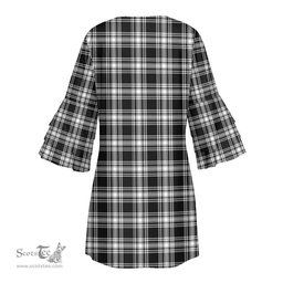 Scottish Menzies Black White Modern Clan Tartan Crest Womens Stacked Ruffle Sleeve Tartan Dress
