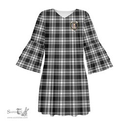 Scottish Menzies Black White Modern Clan Tartan Crest Womens Stacked Ruffle Sleeve Tartan Dress