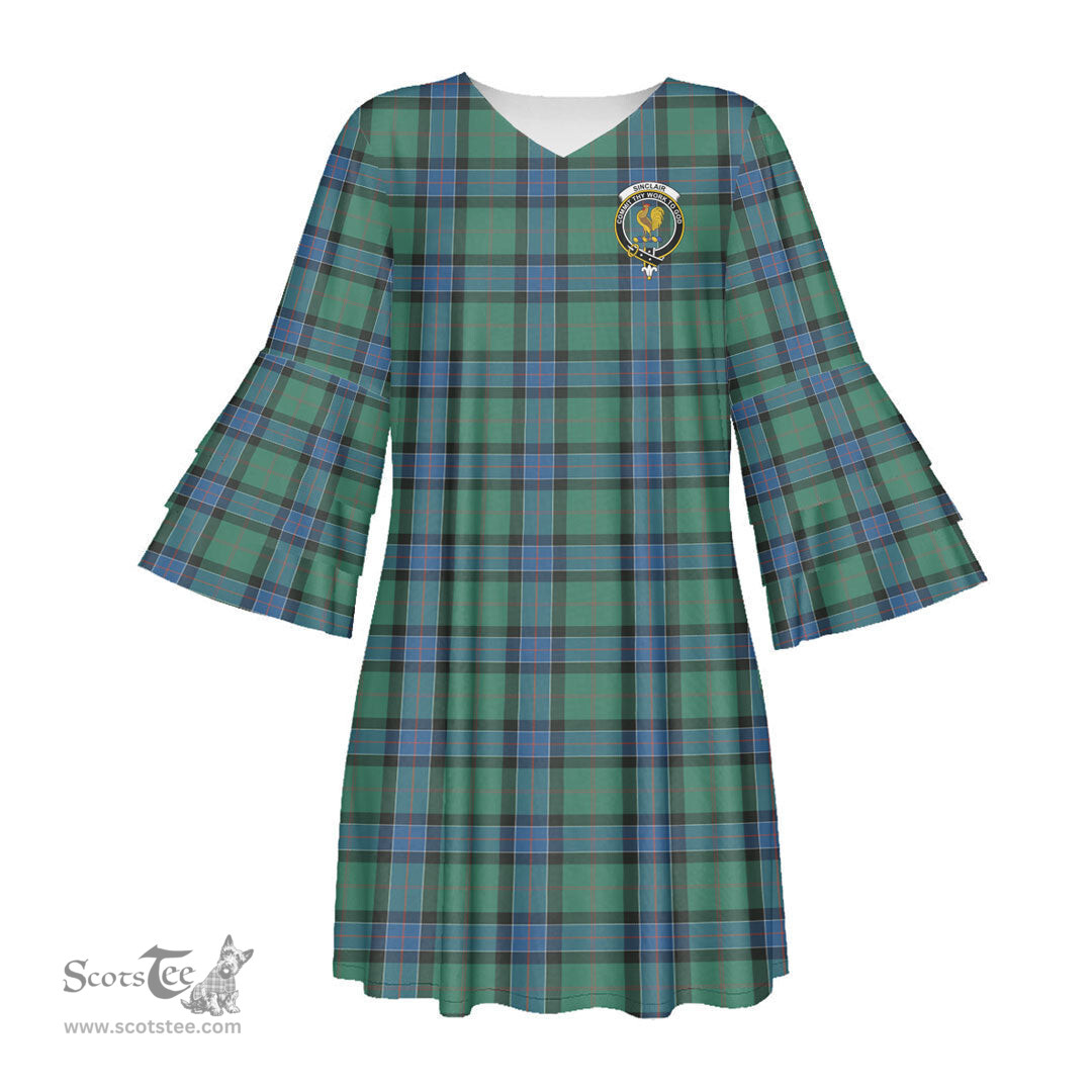 Scottish Sinclair Hunting Ancient Clan Tartan Crest Womens Stacked Ruffle Sleeve Tartan Dress