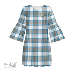 Scottish Stewart Muted Blue Clan Tartan Crest Womens Stacked Ruffle Sleeve Tartan Dress