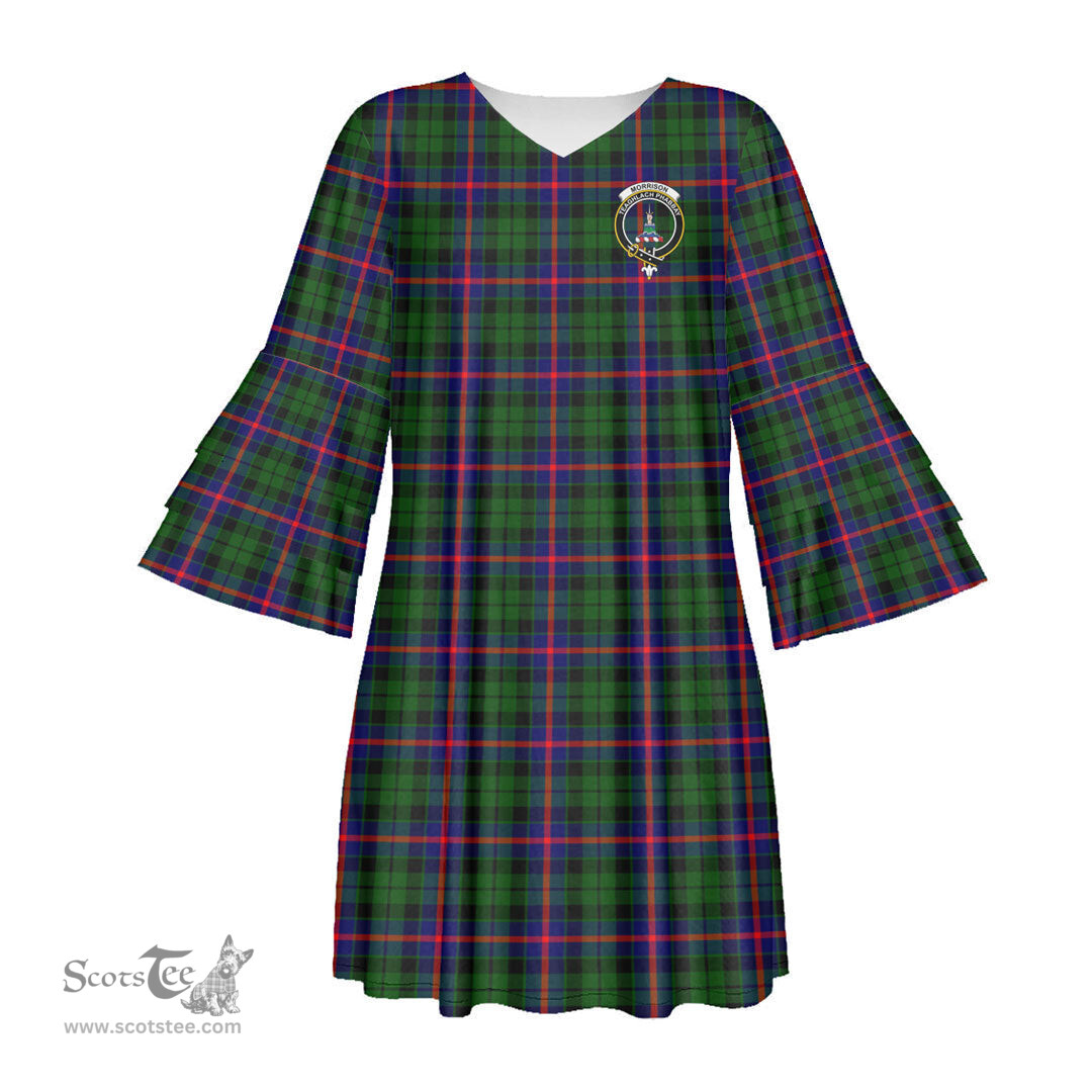 Scottish Morrison Modern Clan Tartan Crest Womens Stacked Ruffle Sleeve Tartan Dress