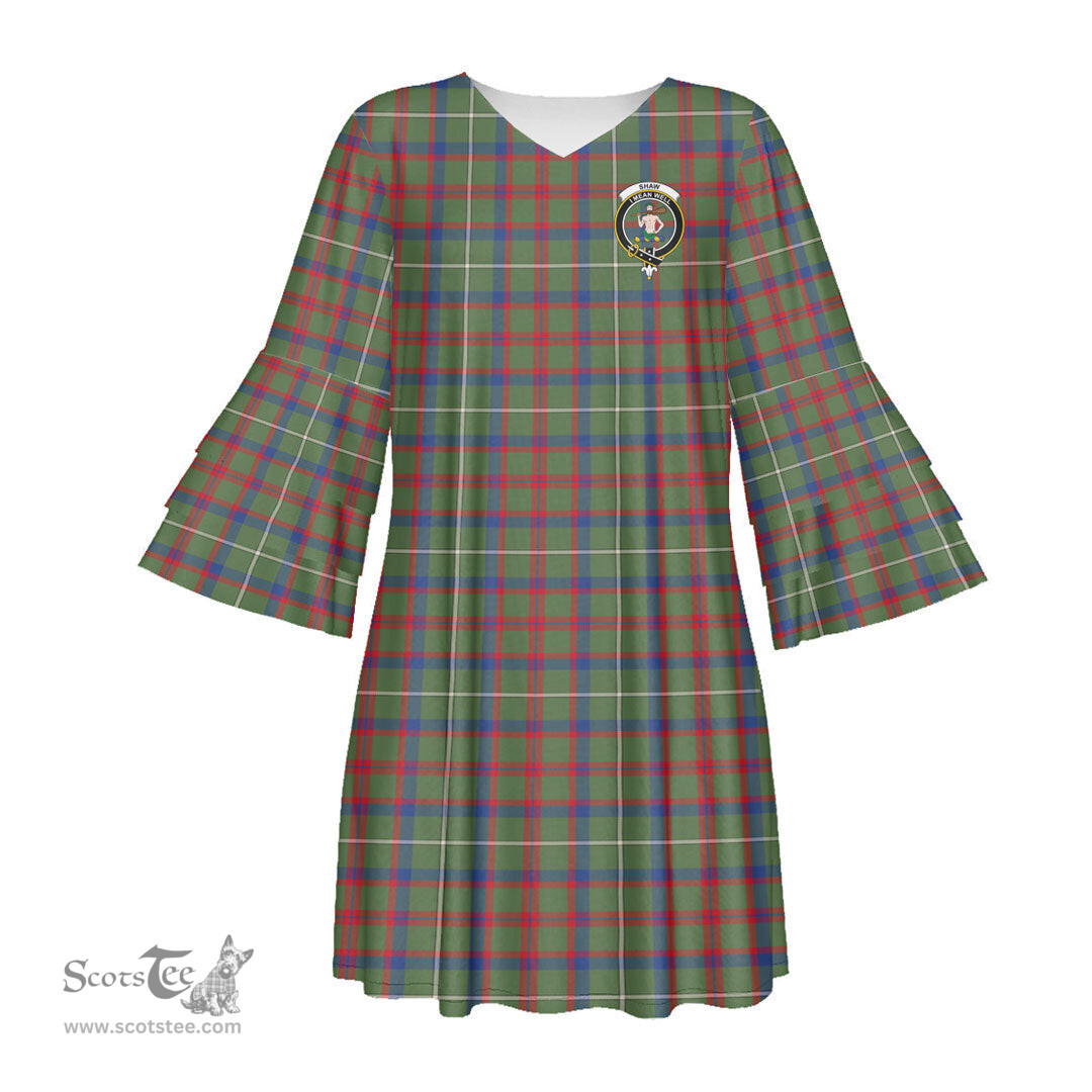 Scottish Shaw Green Modern Clan Tartan Crest Womens Stacked Ruffle Sleeve Tartan Dress