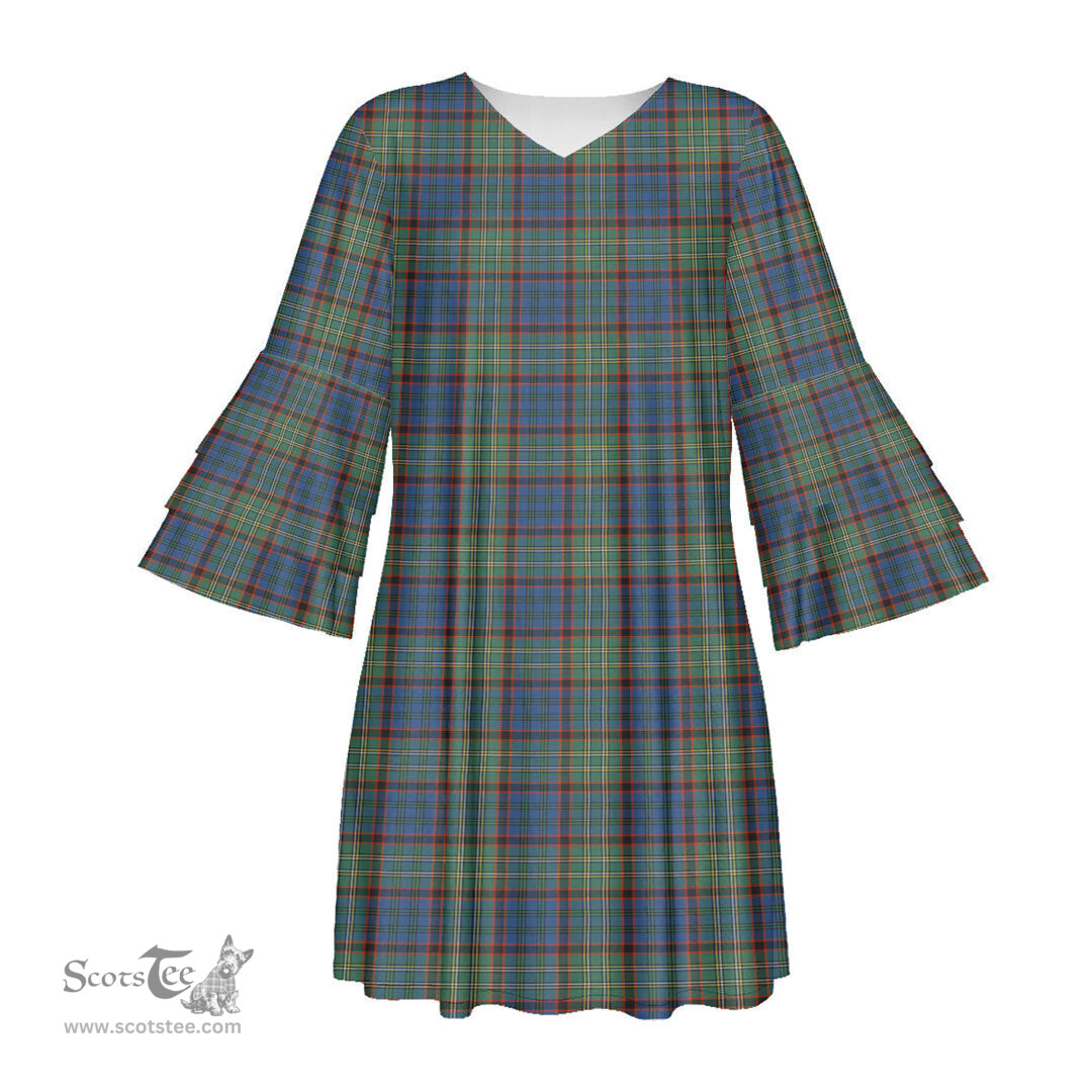 Scottish Nicolson Hunting Ancient Tartan Womens Stacked Ruffle Sleeve Tartan Dress