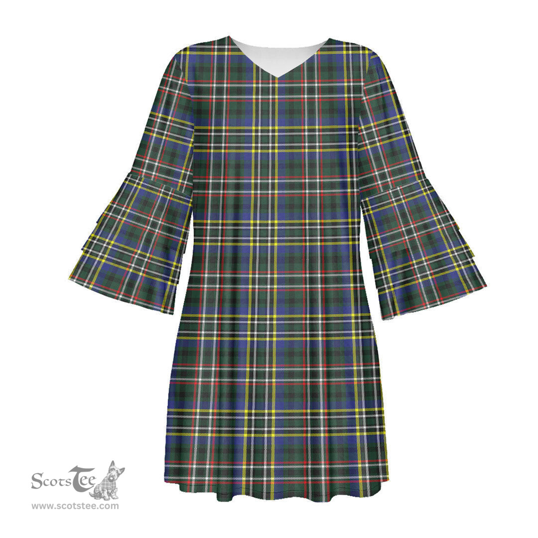 Scottish SCOTT GREEN MODERN Tartan Womens Stacked Ruffle Sleeve Tartan Dress