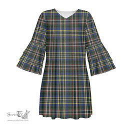 Scottish SCOTT GREEN MODERN Tartan Womens Stacked Ruffle Sleeve Tartan Dress