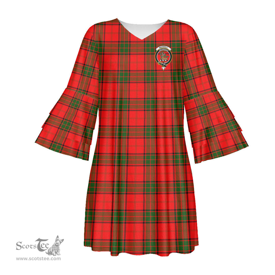 Scottish Maxwell Modern Clan Tartan Crest Womens Stacked Ruffle Sleeve Tartan Dress