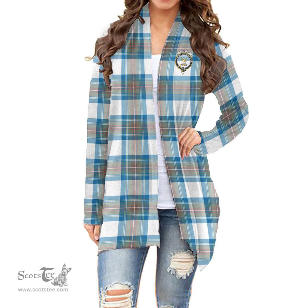 Scottish Stewart Muted Blue Clan Tartan Crest Womens Cardigan Long Sleeve