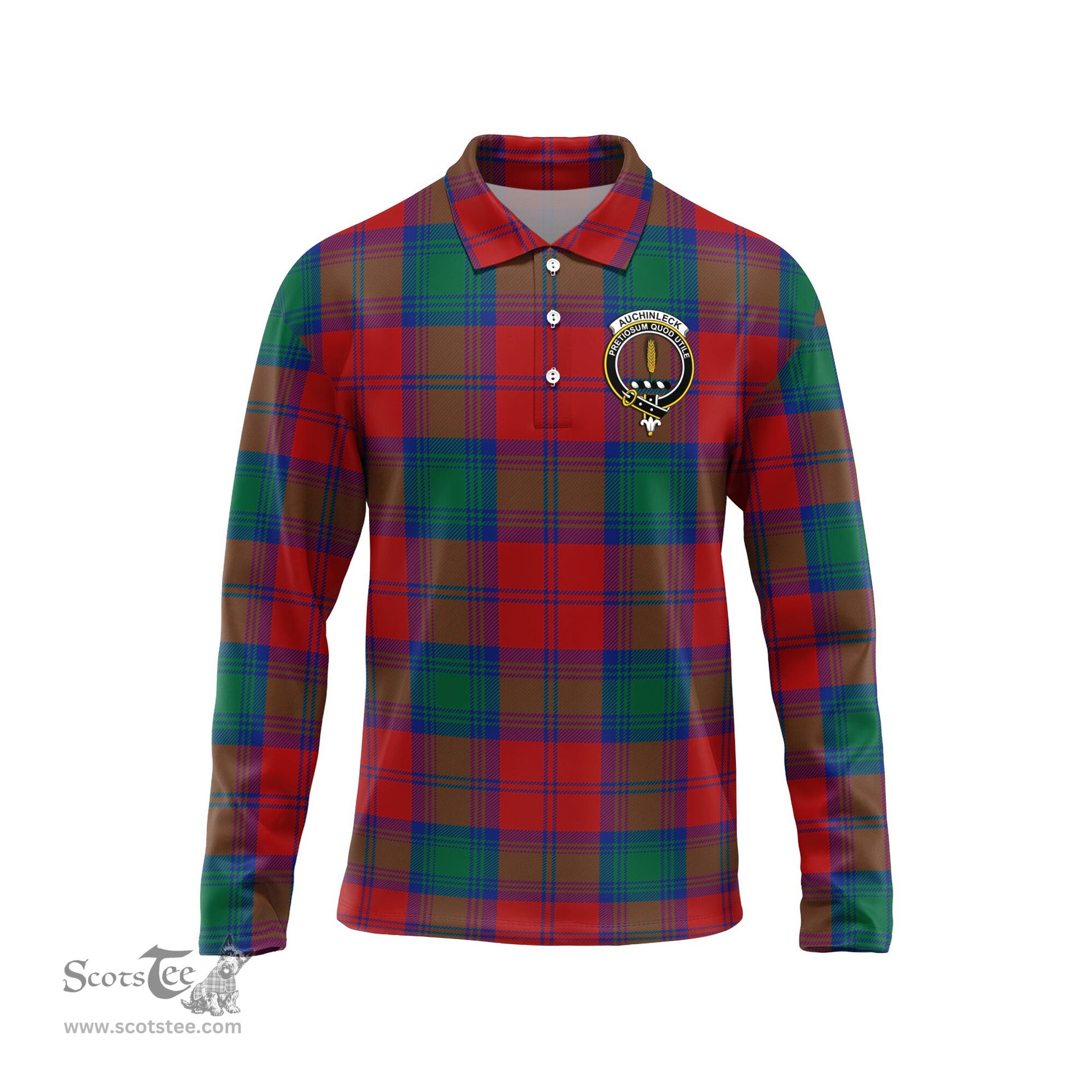 Scottish Auchinleck Clan Crest Tartan Polo Long Sleeve Plaid Polo Shirt