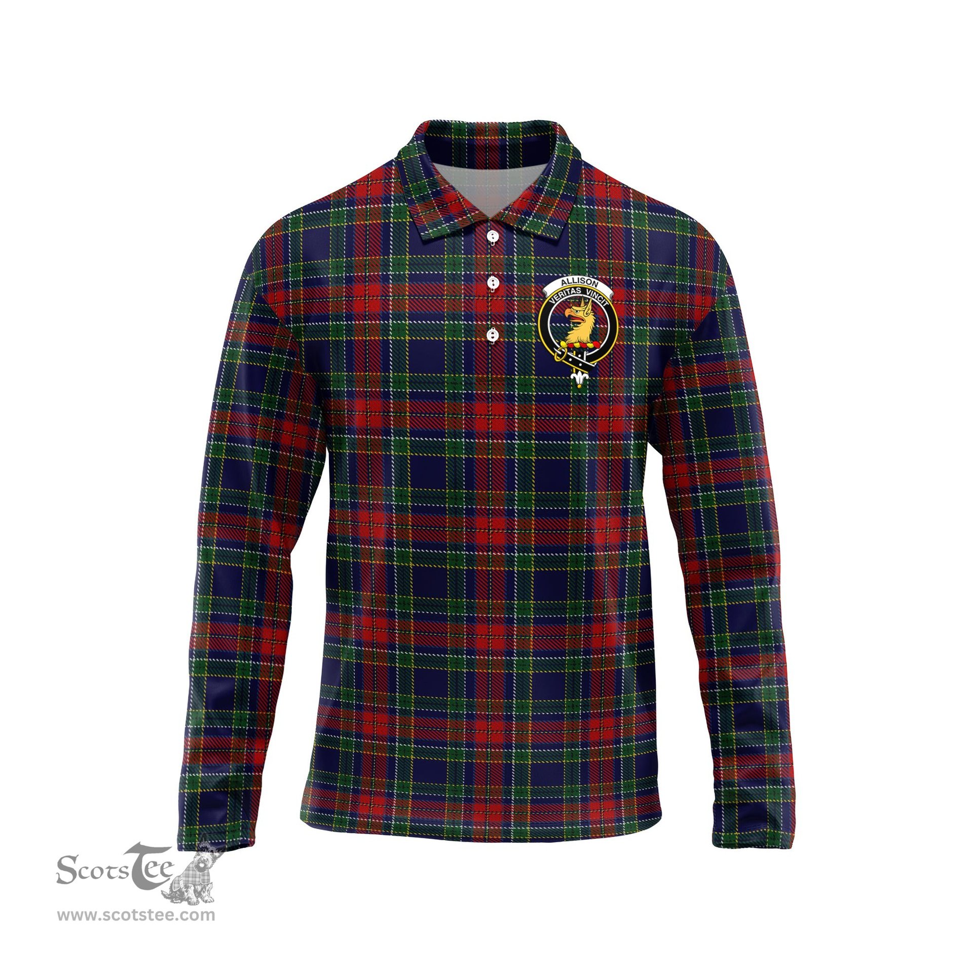 Scottish Allison Red Clan Crest Tartan Polo Long Sleeve Plaid Polo Shirt