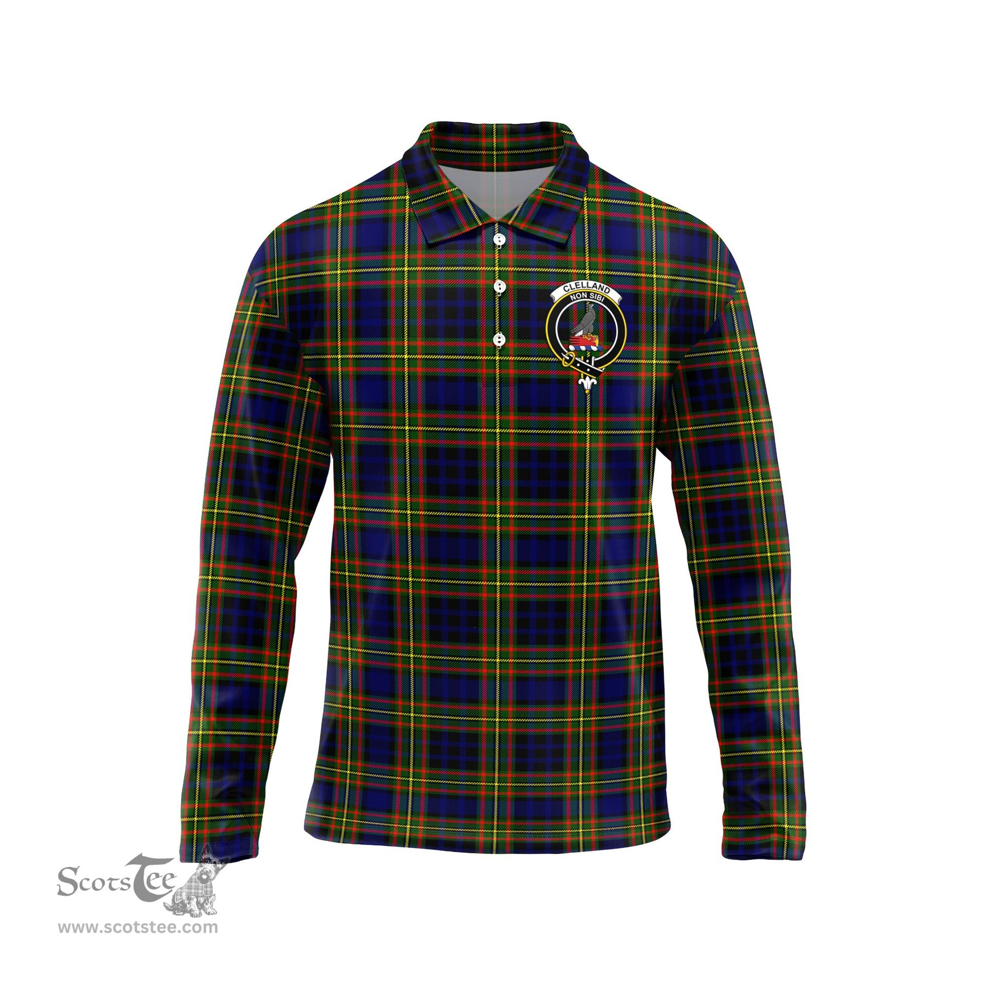 Scottish Clelland Modern Clan Crest Tartan Polo Long Sleeve Plaid Polo Shirt
