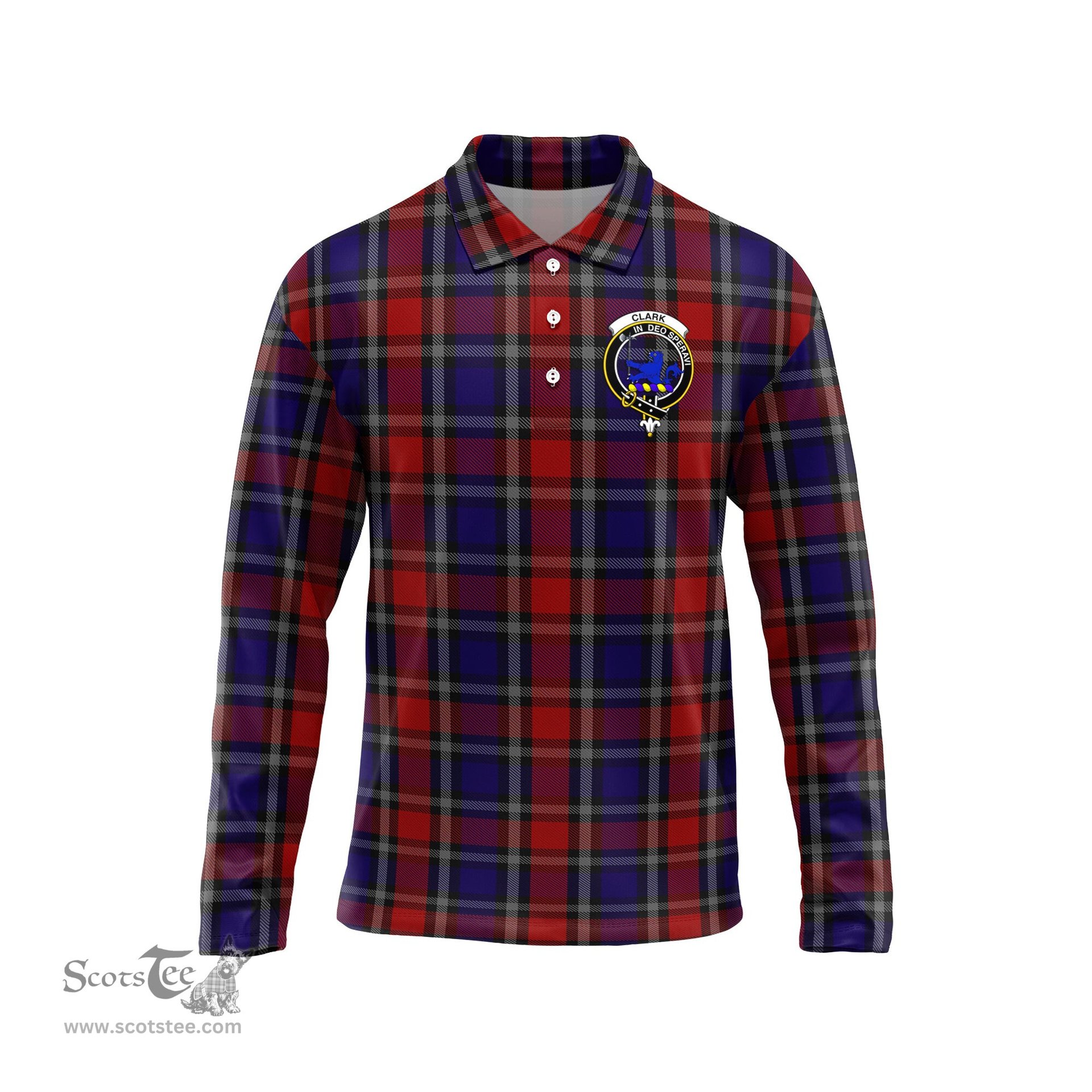 Scottish Clark (Lion) Red Clan Crest Tartan Polo Long Sleeve Plaid Polo Shirt