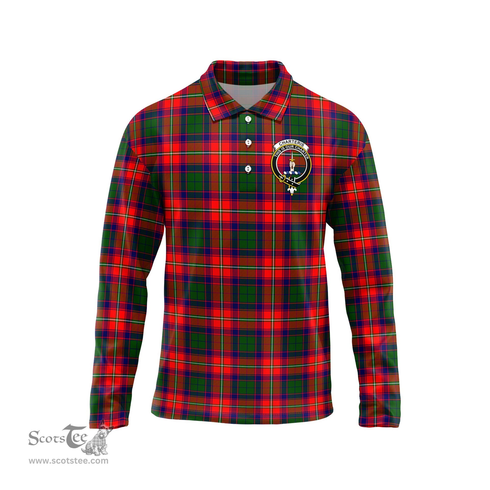 Scottish Charteris Clan Crest Tartan Polo Long Sleeve Plaid Polo Shirt