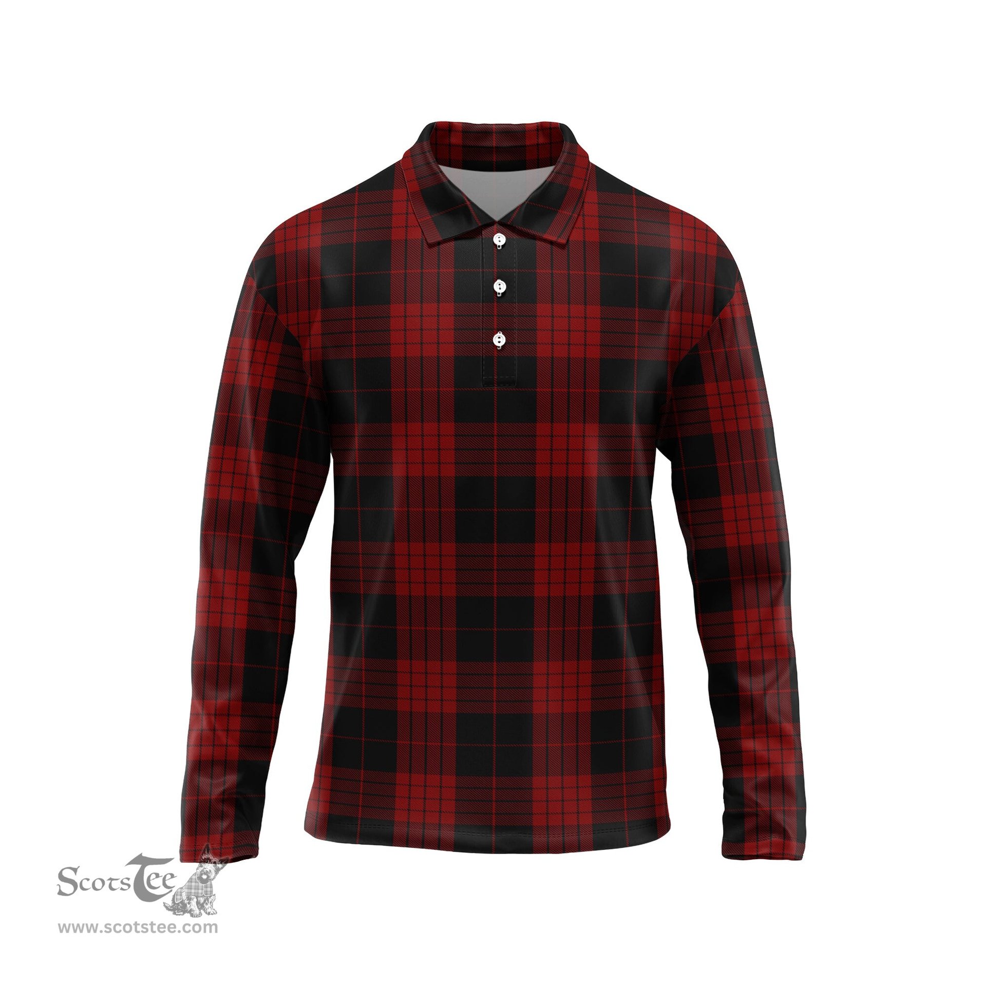 Scottish Cameron Black and Red Tartan Long Sleeve Plaid Polo Shirt