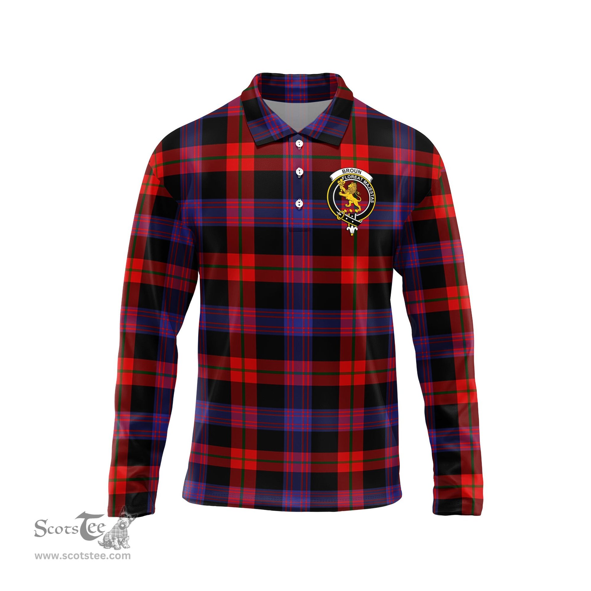 Scottish Broun Modern Clan Crest Tartan Polo Long Sleeve Plaid Polo Shirt