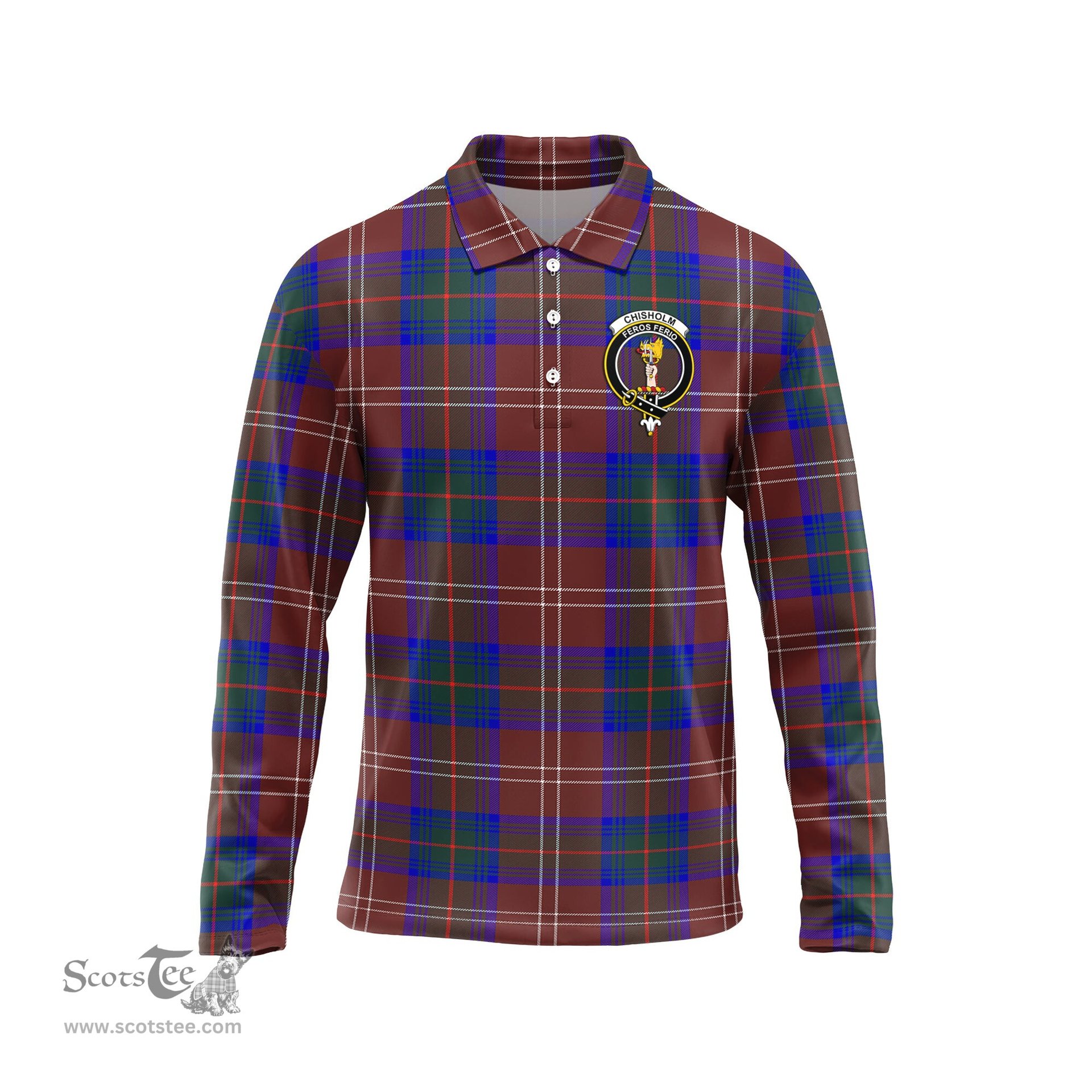 Scottish Chisholm Hunting Modern Clan Crest Tartan Polo Long Sleeve Plaid Polo Shirt