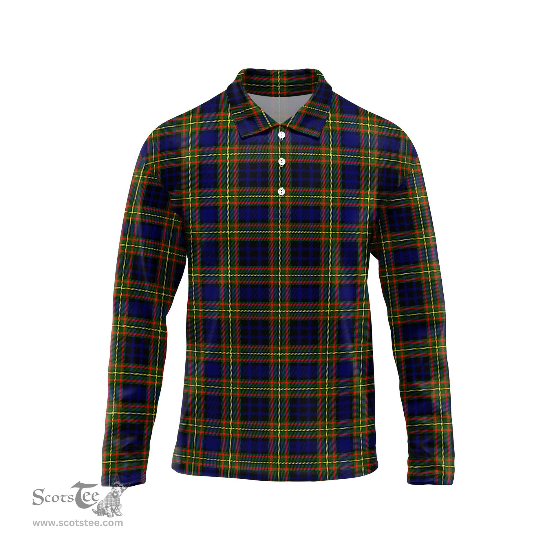 Scottish Clelland Modern Tartan Long Sleeve Plaid Polo Shirt