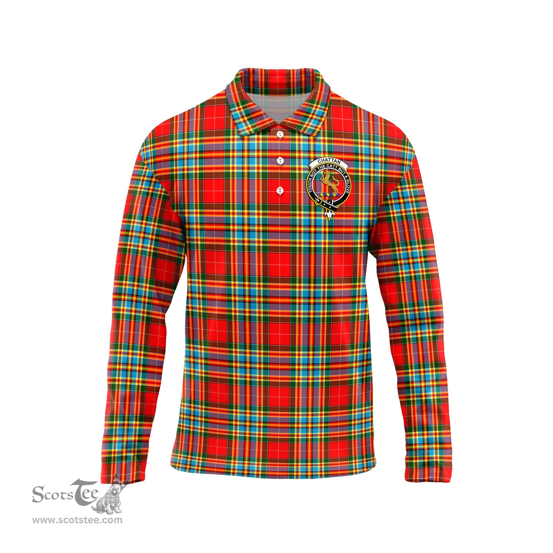Scottish Chattan Clan Crest Tartan Polo Long Sleeve Plaid Polo Shirt