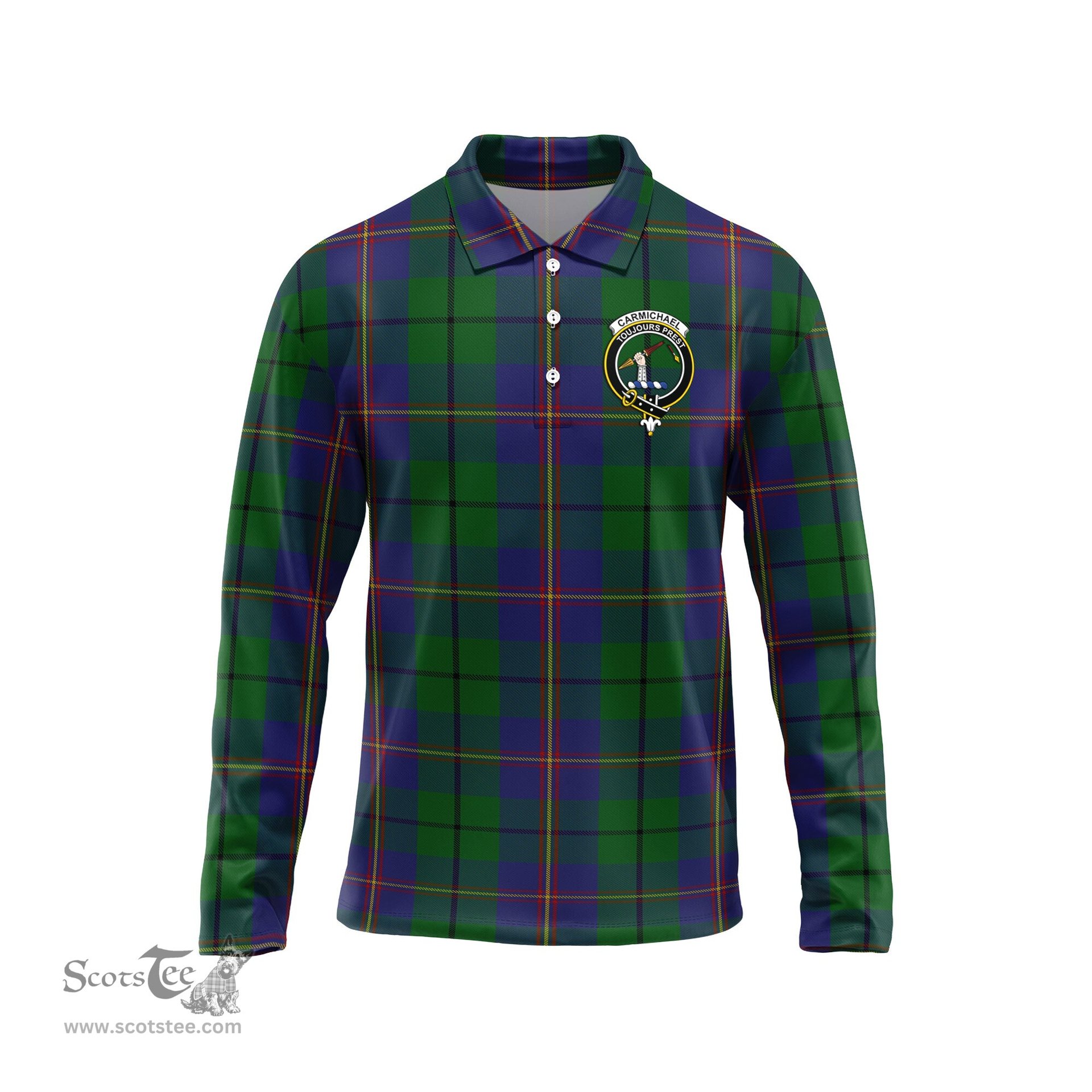 Scottish Carmichael Clan Crest Tartan Polo Long Sleeve Plaid Polo Shirt