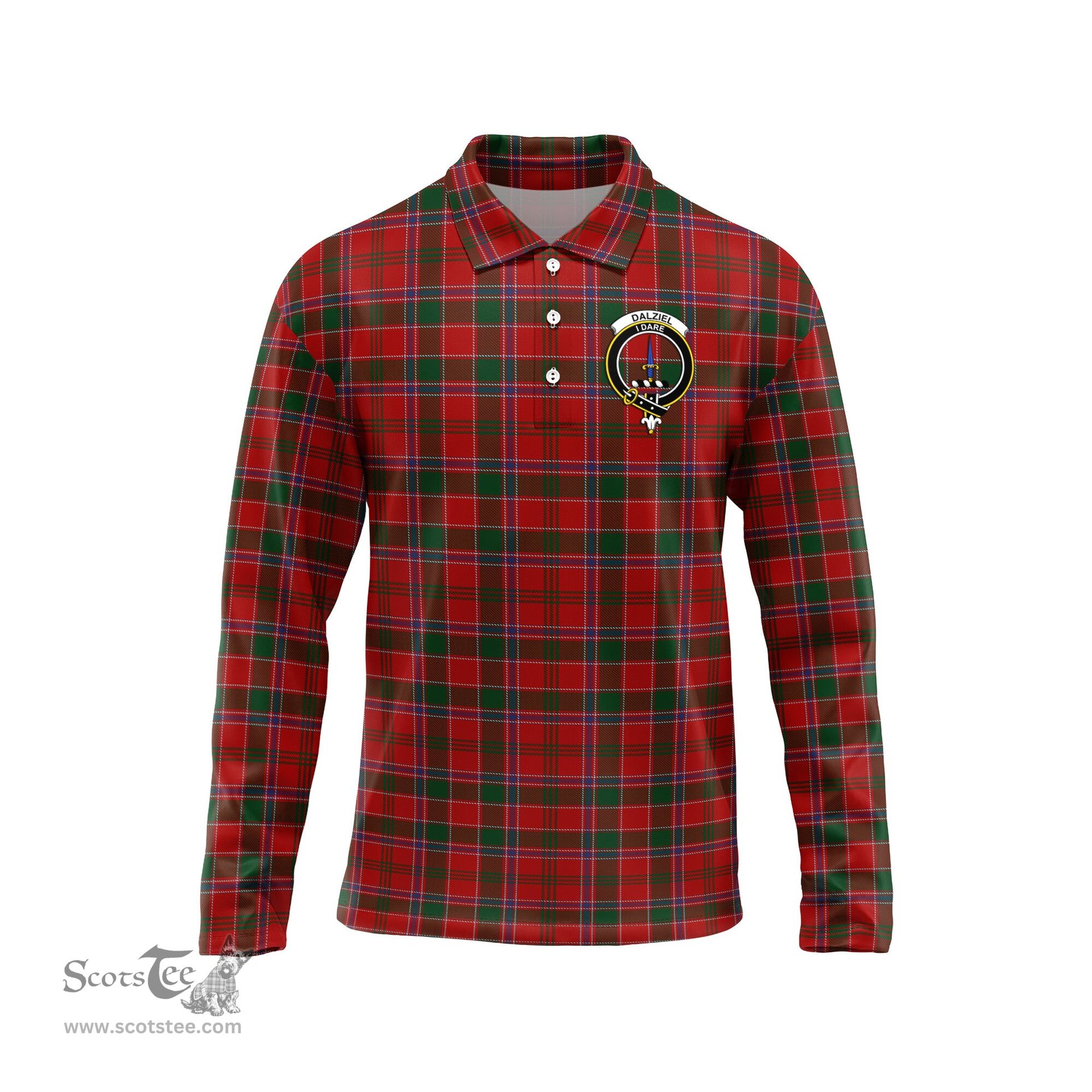 Scottish Dalziel Clan Crest Tartan Polo Long Sleeve Plaid Polo Shirt